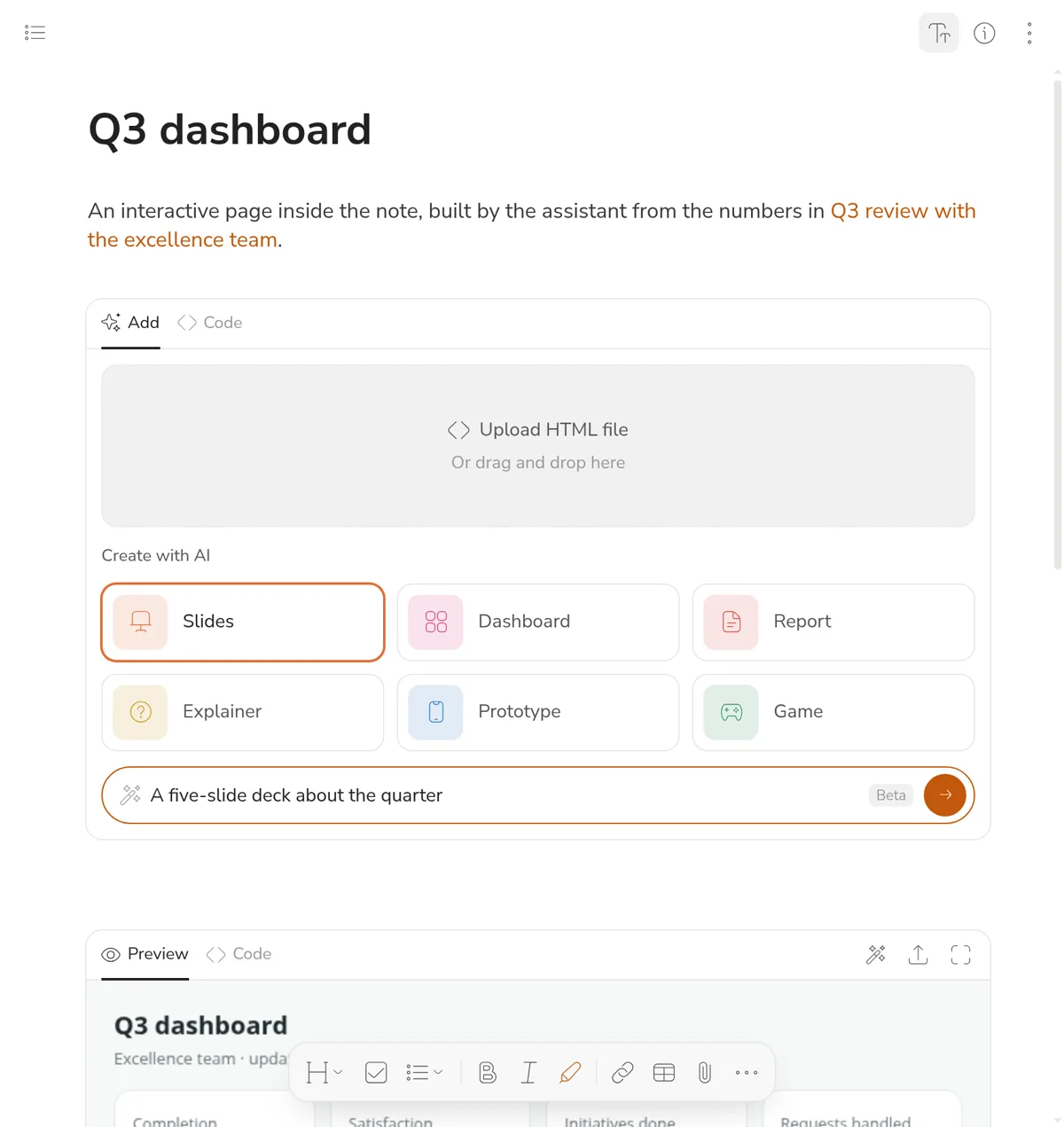 The "Add" panel of an HTML block: upload a file, create with AI, or describe an idea
