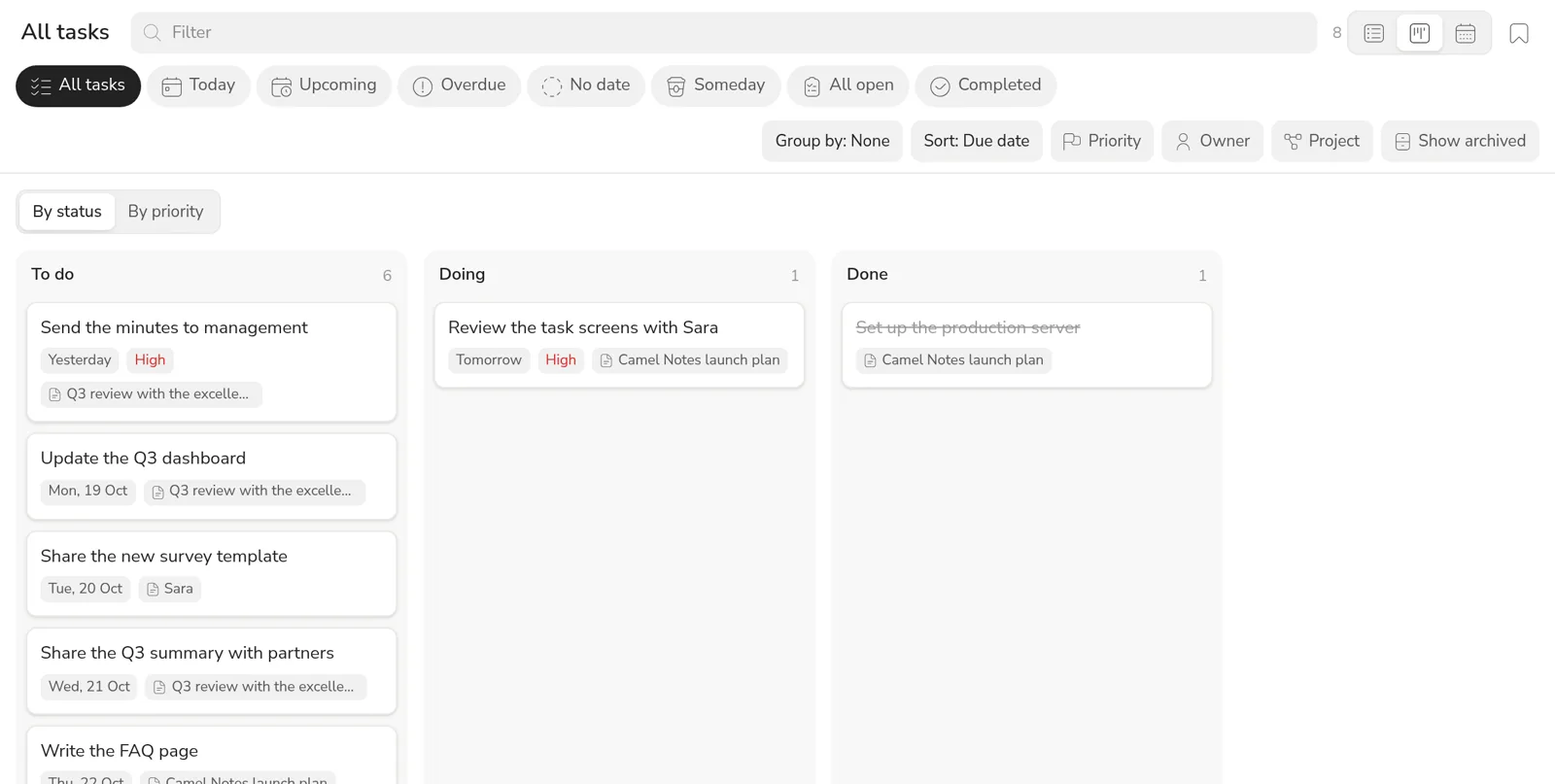 The task manager as a board: to do, doing and done